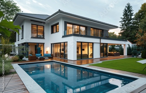 Modern house with swimming pool and terrace in the garden