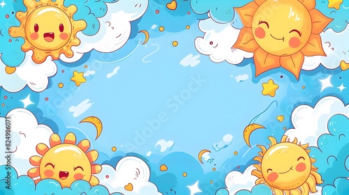 Cheerful Doodle Border Design with Smiling Sun Characters for Children s Day Background