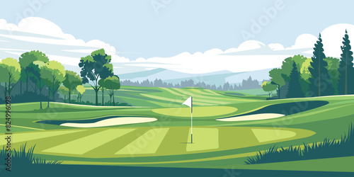 Scenic Countryside Golf Course Landscape with Flags, Greens, and Sand Bunke. Vector illustration