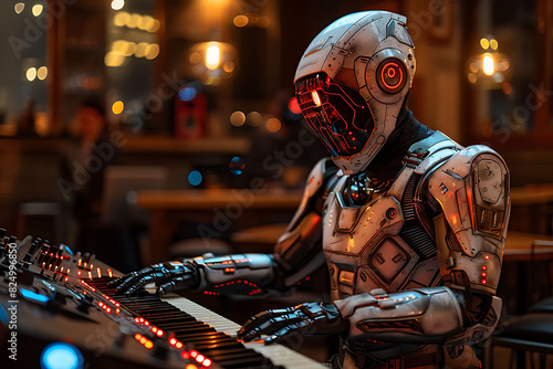 cyborg musician composing melodies with the assistance of AI music generation software pushing the boundaries of sonic innovation