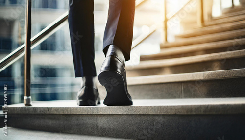 Silhouette of a person in dress shoes and black socks walking up stairs, symbolizing progress, ambition, and the journey in business or career growth. The rearview highlights determination and focus © Your Hand Please