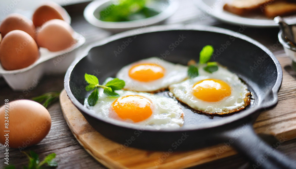 sunny-side-up eggs in a black pan on a white table top, garnished with herbs, exuding a fresh and appetizing appeal ideal for breakfast or brunch imagery sunny-side-up eggs in a black pan on a white table top, garnished with herbs, exuding a fresh and appetizing appeal ideal for breakfast or brunch imagery
