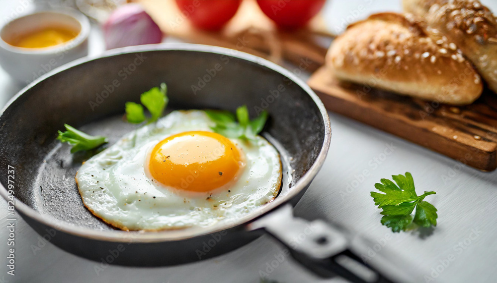 sunny-side-up eggs in a black pan on a white table top, garnished with herbs, exuding a fresh and appetizing appeal ideal for breakfast or brunch imagery sunny-side-up eggs in a black pan on a white table top, garnished with herbs, exuding a fresh and appetizing appeal ideal for breakfast or brunch imagery