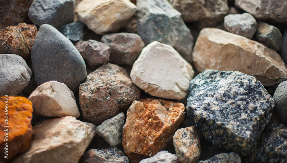 A diverse collection of rocks in various shapes, sizes, and colors, arranged in a visually appealing background. Perfect for themes of nature, geology, strength, stability, and the passage of time A diverse collection of rocks in various shapes, sizes, and colors, arranged in a visually appealing background. Perfect for themes of nature, geology, strength, stability, and the passage of time