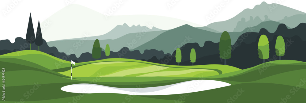 Obraz premium Scenic Countryside Golf Course Landscape with Flags, Greens, and Sand Bunke. Vector illustration