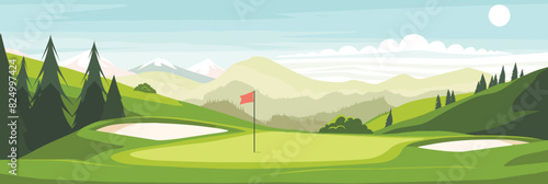 Scenic Countryside Golf Course Landscape with Flags, Greens, and Sand Bunke. Vector illustration