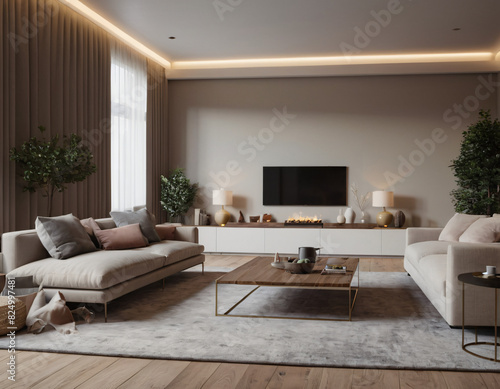 3D render of a modern living room interior  emphasizing comfort and style. Incorporate sleek furniture  a neutral color palette with pops of color  ambient lighting  tasteful d  cor