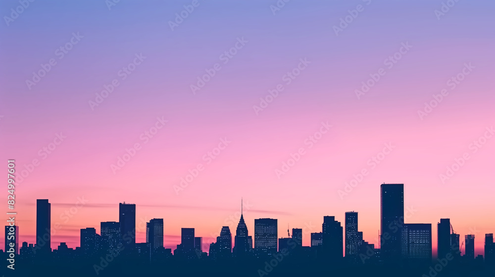 Silhouette of city skyline at sunset with gradient sky. Minimalistic vector illustration with place for text. Urban landscape and twilight concept for design and print