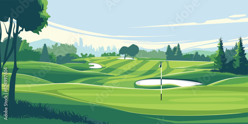 Scenic Countryside Golf Course Landscape with Flags, Greens, and Sand Bunke. Vector illustration