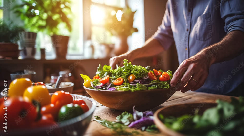 Person preparing a fresh vegetable salad in a kitchen with natural light. Culinary photography with place for text. Healthy eating and home cooking concept for design and print. Person preparing a fresh vegetable salad in a kitchen with natural light. Culinary photography with place for text. Healthy eating and home cooking concept for design and print.