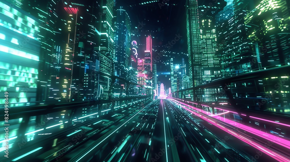 5. High-speed internet network in a cyberpunk setting, glowing data streams and digital grids, dynamic and detailed