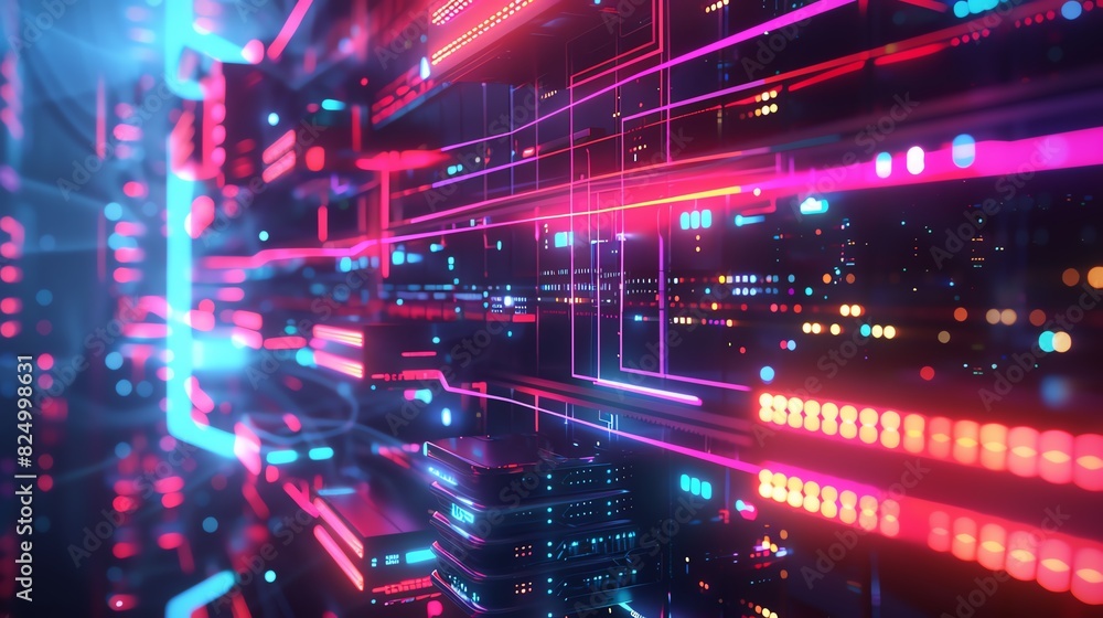 3. High-speed data communication concept, laser beams connecting servers, neon lights and digital effects, sharp details