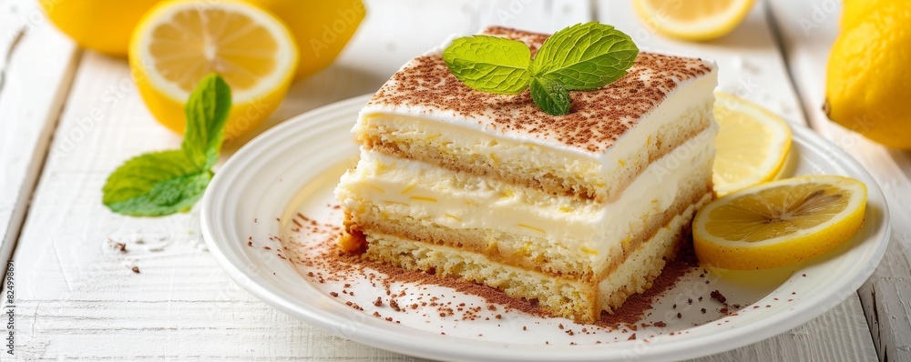 lemon tiramisu cake, summer dessert on a white ceramic plate on a white wooden background, banner lemon tiramisu cake, summer dessert on a white ceramic plate on a white wooden background, banner