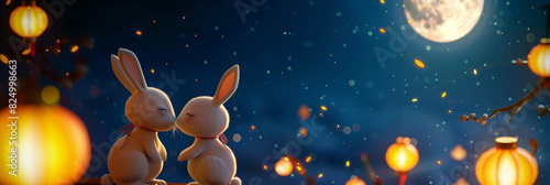 Mid Autumn festival 3d illustration. rabbits in night sky 