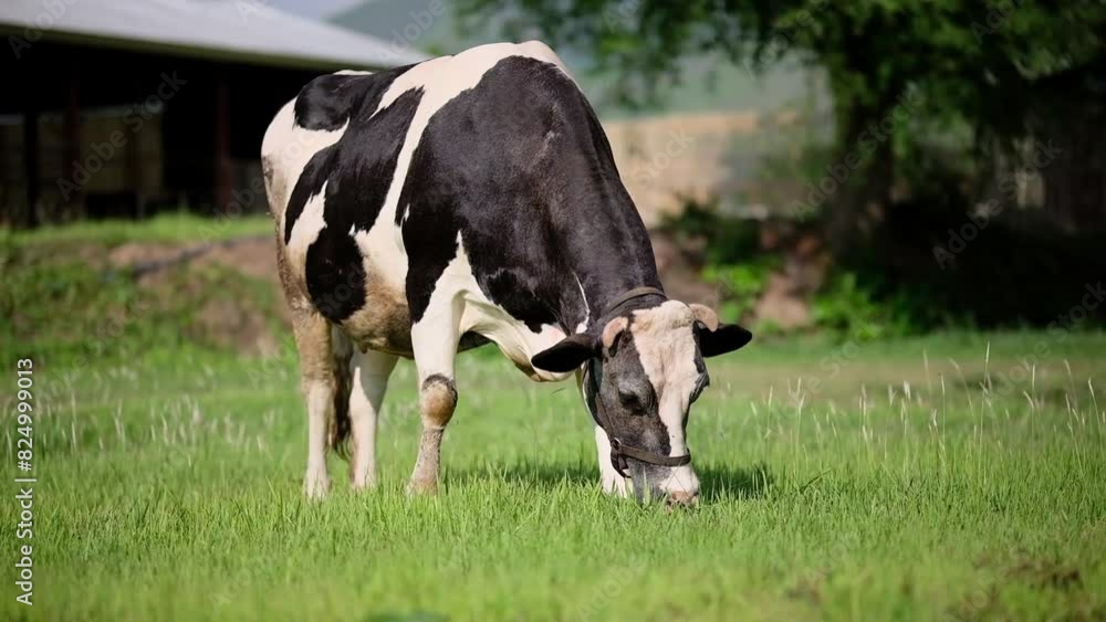 Black and white cow grazing on the green grass of the fields Black and white cow grazing on the green grass of the fields
