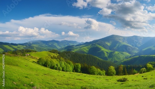 carpathian countryside scenery in spring rural landscape of ukraine with grassy fields and forested hills beneath a blue sky with fluffy clouds in morning light © Yesenia