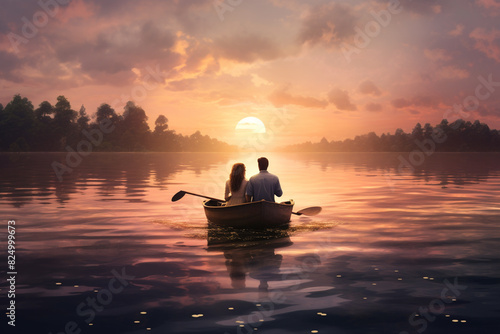 A couple enjoying a peaceful moment on a boat in the middle of a lake.