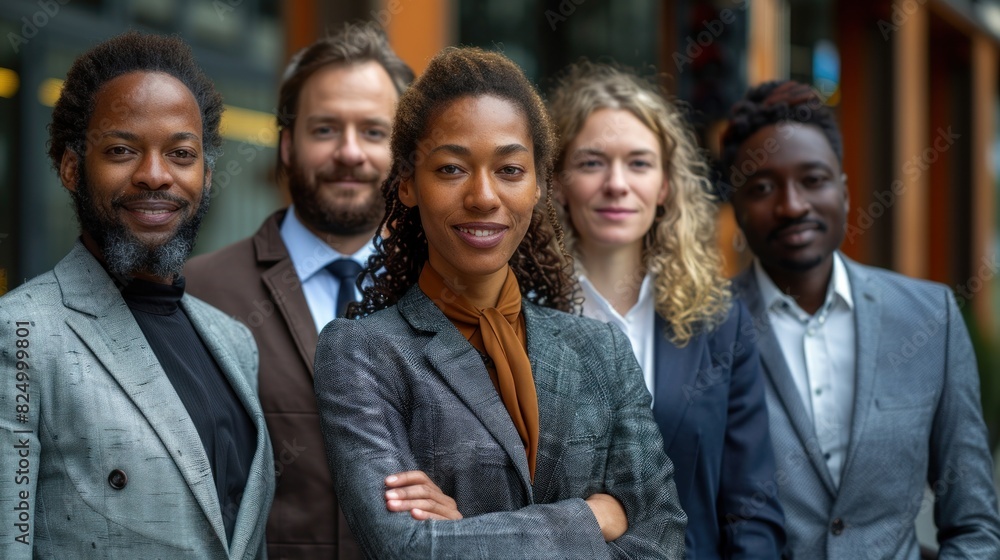A group of diverse business leaders standing in front of their headquarters, with a backdrop of solar farms, wind turbines, and electric cars A group of diverse business leaders standing in front of their headquarters, with a backdrop of solar farms, wind turbines, and electric cars