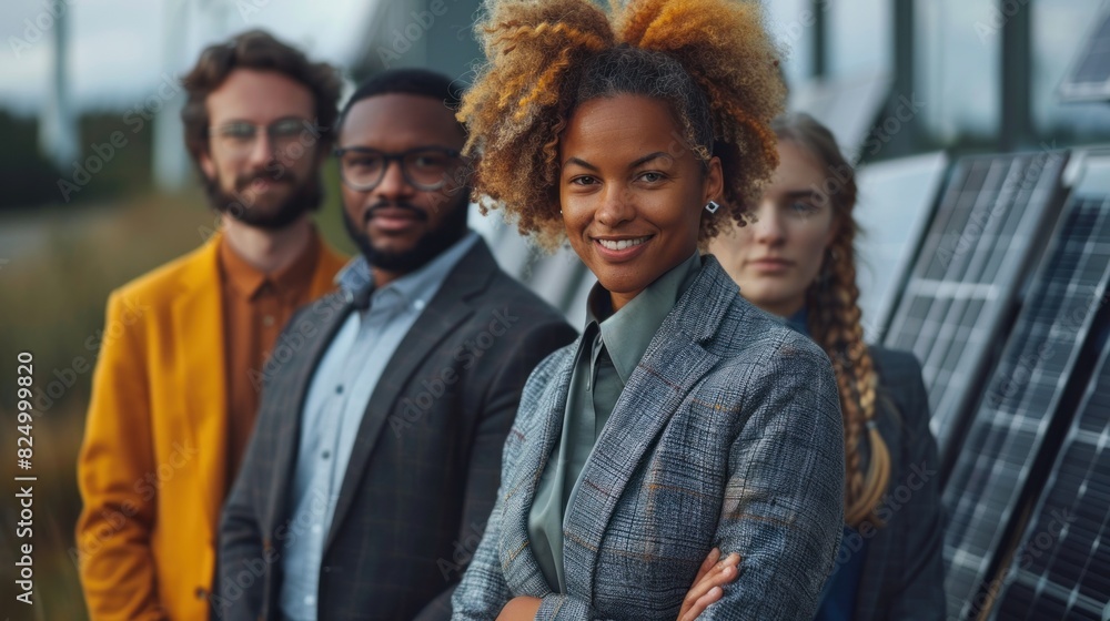 A group of diverse business leaders standing in front of their headquarters, with a backdrop of solar farms, wind turbines, and electric cars A group of diverse business leaders standing in front of their headquarters, with a backdrop of solar farms, wind turbines, and electric cars
