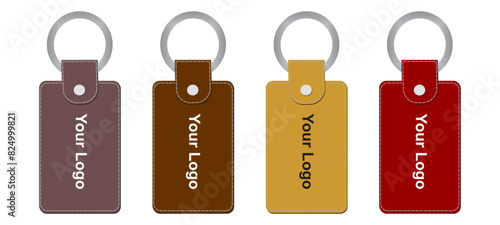 Realistic key chains pendants templates set. Leather designs. Vector illustration isolated.