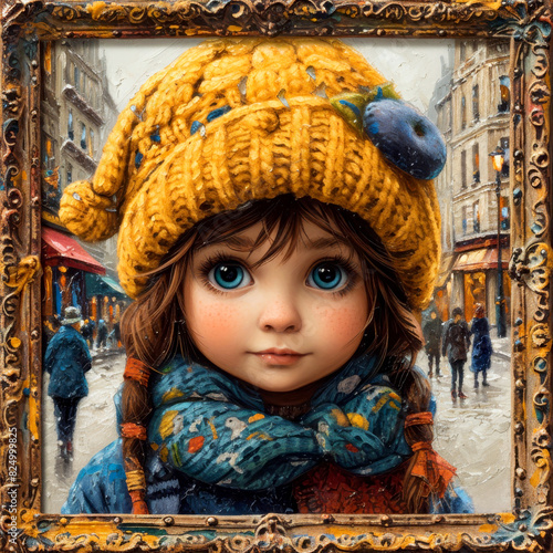 A whimsical, detailed painting of a young girl with large blue eyes, wearing a bright yellow knit hat and colorful scarf, in ornate frame. Background depicts a lively, snow-covered city streeet. photo