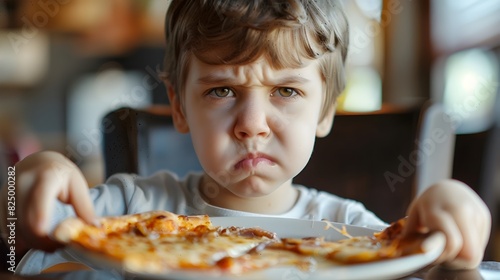 Displeased Child Pushing Away Unappealing Pizza on Plate photo