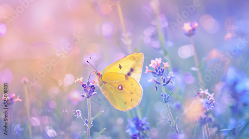 Yellow butterfly close-up macro on wild meadow purple