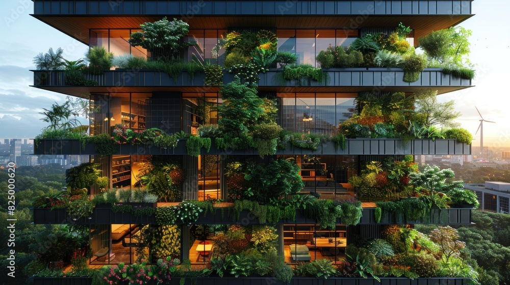 A stunning panoramic view of a city with corporate skyscrapers adorned with vertical gardens, solar panels, and wind turbines A stunning panoramic view of a city with corporate skyscrapers adorned with vertical gardens, solar panels, and wind turbines