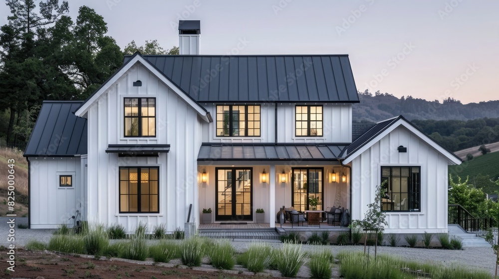 A grey and white modern farmhouse. 