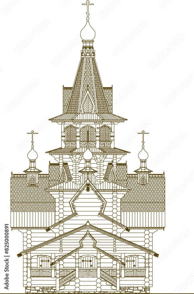 Vector illustration sketch of old holy church architectural engineering design drawing from ethnic vintage classic wood blocks with gothic details