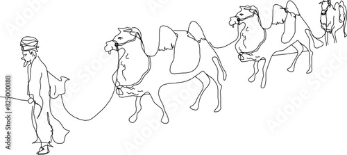 Vector illustration sketch of traditional ethnic painting design drawing, natural natural landscape of Arab people leading a camel