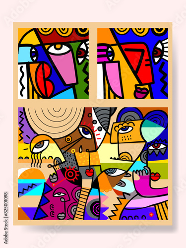Set of abstract face portrait line art doodle hand drawn wall art background vector illustration. Cubism art, decorative aesthetic.