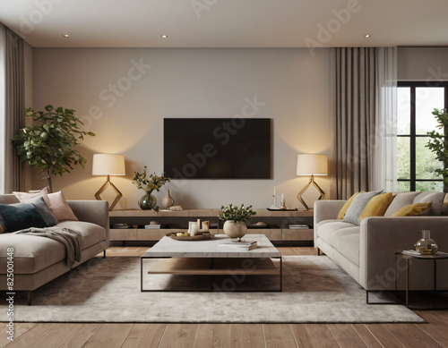 Wallpaper Mural 3D render of a modern living room interior, emphasizing comfort and style. Incorporate sleek furniture, a neutral color palette with pops of color, ambient lighting, tasteful décor Torontodigital.ca