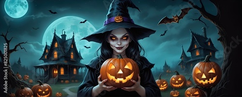 Halloween jack o lanterns and witch on various creepy background