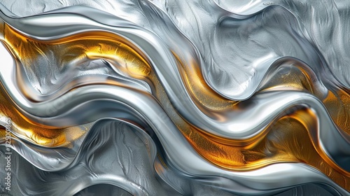 Fluid abstract waves in silver and gold, metallic texture photo