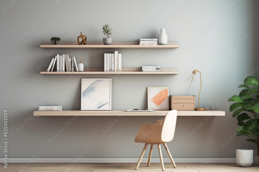 A cozy minimalist home office displaying a pale desk, a simple chair, and floating shelves adorned with colorful books and artistic ornaments. A cozy minimalist home office displaying a pale desk, a simple chair, and floating shelves adorned with colorful books and artistic ornaments.