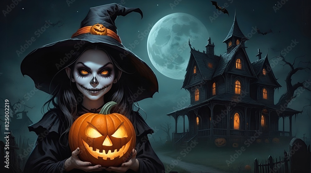 Halloween jack o lanterns and witch on various creepy background Halloween jack o lanterns and witch on various creepy background
