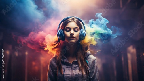 Girl in headphones against the background of multi-colored smoke