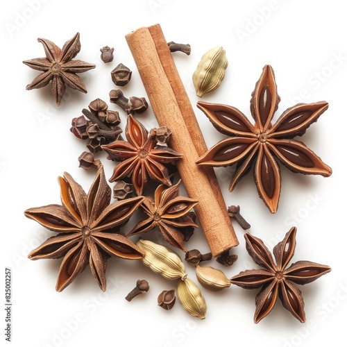 Star anise spice fruit isolated on white background closeup collection