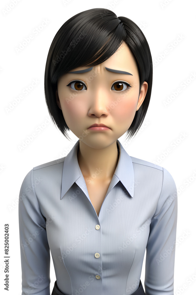 3d cartoon style illustration of A young woman in an office uniform with black hair is looking downwards, looking sad 3d cartoon style illustration of A young woman in an office uniform with black hair is looking downwards, looking sad