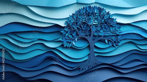 A blue and white paper tree is the main focus of this image. The tree is surrounded by blue waves, giving the impression of a peaceful and serene scene