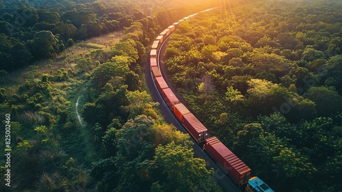 Aerial view of a vibrant cargo train snaking through a lush green landscape at golden hour