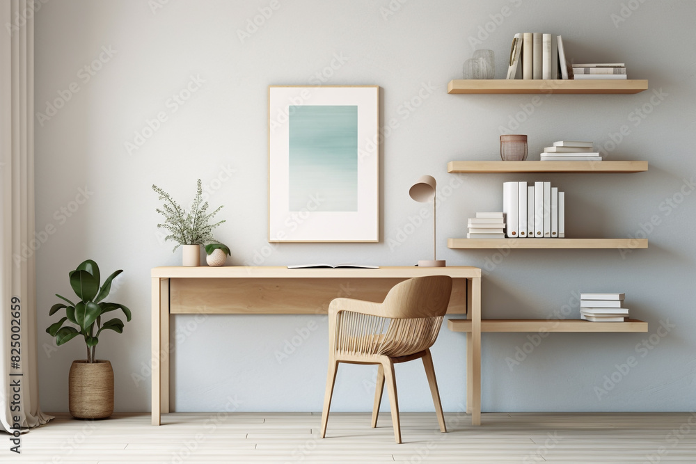 A cozy minimalist home office displaying a light-toned desk, a simple chair, and floating shelves adorned with colorful books and artistic ornaments. A cozy minimalist home office displaying a light-toned desk, a simple chair, and floating shelves adorned with colorful books and artistic ornaments.
