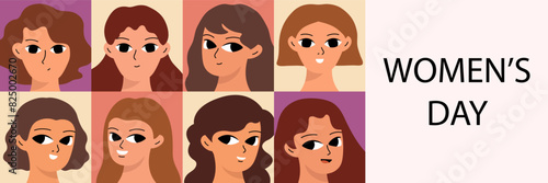 Banner with different women. Cute girlish face. Woman's day concept. Flat vector cartoon design.