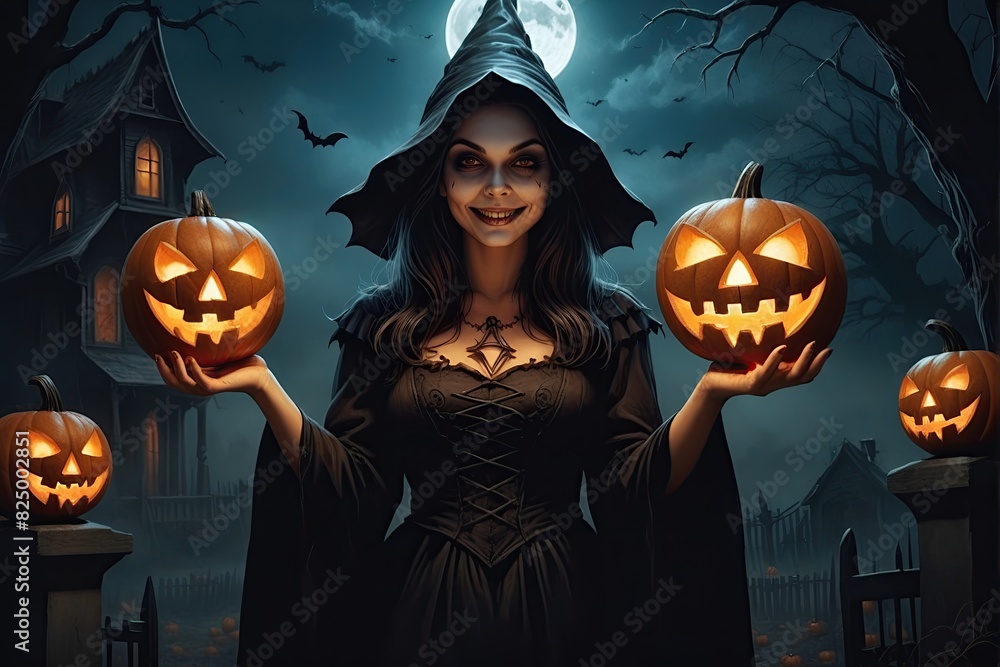 Halloween jack o lanterns and witch on various creepy background Halloween jack o lanterns and witch on various creepy background