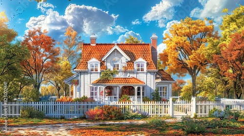 A beautiful house in the fall, colorful trees and leaves around it, blue sky with clouds, bright colors, detailed architecture in the style of a realistic painting, autumn atmosphere, white picket fen photo