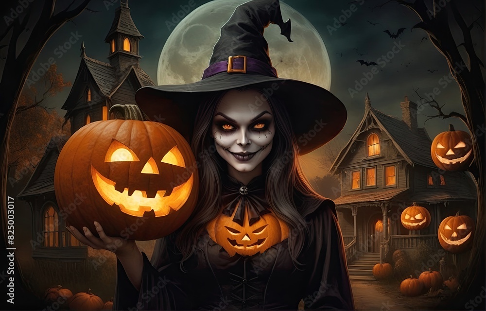 Halloween jack o lanterns and witch on various creepy background Halloween jack o lanterns and witch on various creepy background