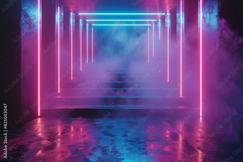3d technology abstract neon light background, empty space scene, spotlight, dark night, virtual reality, cyber futuristic sci-fi background, street floor studio for mock up. colored geometric 3d technology abstract neon light background, empty space scene, spotlight, dark night, virtual reality, cyber futuristic sci-fi background, street floor studio for mock up. colored geometric
