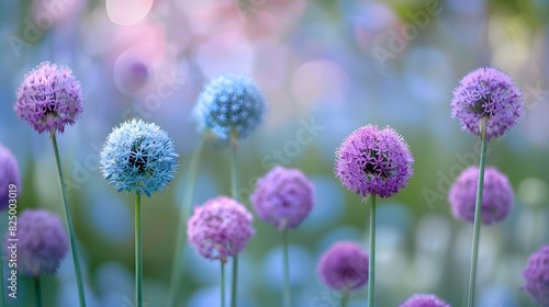 Paint a picture of alliums  with their spherical clusters of tiny flowers atop tall  sturdy stems in shades of purple  blue  and white