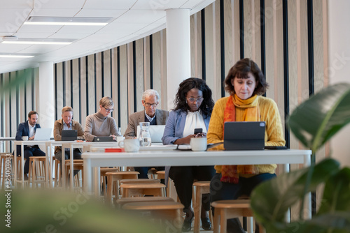 Wallpaper Mural Multiracial colleagues using technologies at table in office cafeteria Torontodigital.ca